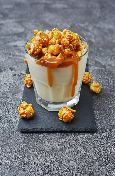 Tasty Dessert Glass Homemade Yogurt Caramel Popcorn Sweet Sauce Black — Stock Photo, Image