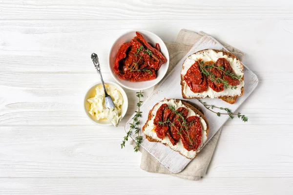 Top View Tasty Sandwiches Healthy Bread Soft Cheese Sun Dried — Stock Photo, Image