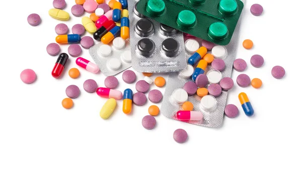 Medicamente Multicolore Antibiotice Medicamente Analgezice Vitamine Izolate Fundal Alb — Fotografie, imagine de stoc