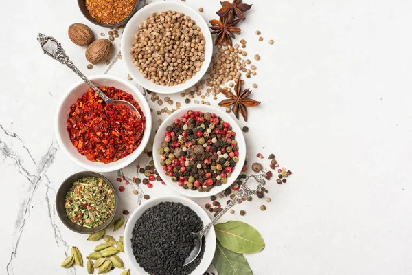 Top View Mix Bright Spices Herbs Small Bowls Ingredient Healthy — Stock Photo, Image