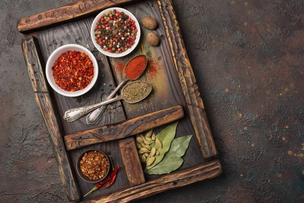 Top View Mix Bright Spices Herbs Small Bowls Bottles Ingredient — Stock Photo, Image