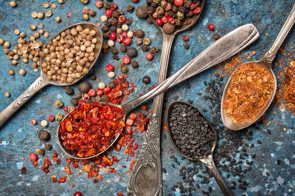 Top View Mix Bright Spices Vintage Silver Spoon Ingredient Healthy — Stock Photo, Image