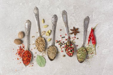 Kaliteli gümüş kaşıklardaki parlak baharatları gri beton arka planda sağlıklı yiyecekler için malzeme olarak kullanmanın en iyi yolu.
