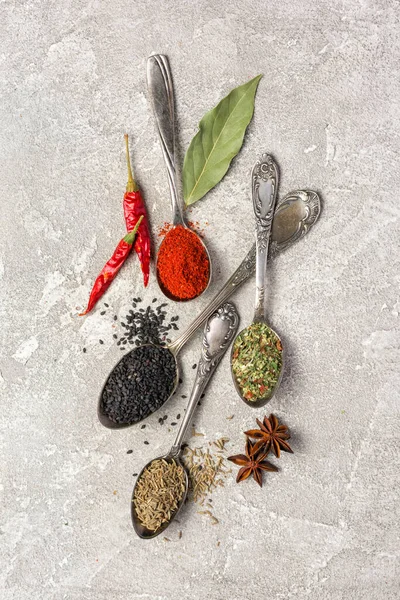 Kaliteli gümüş kaşıklardaki parlak baharatları gri beton arka planda sağlıklı yiyecekler için malzeme olarak kullanmanın en iyi yolu.
