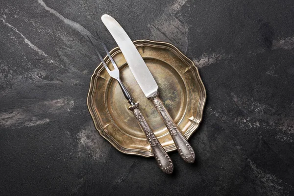 Top View Antique Silver Plated Cutlery Silverware Black Marble Background — Stock Photo, Image