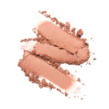 Beyaz arka planda izole edilmiş kozmetik ürünü örneği olarak ezilmiş kahverengi göz farlarının fırça darbeleri