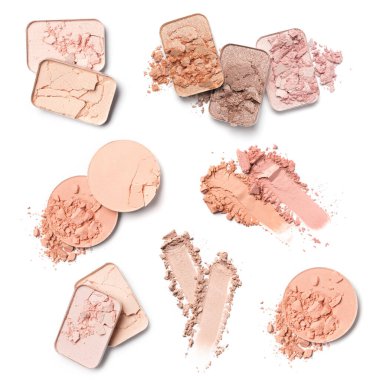 Düz bir fırça darbesi ve leke. Beyaz arka planda izole edilmiş kozmetik güzellik ürünü örneği olarak kırık bej göz fonu vakfı