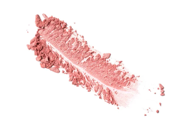 ブラシストロークのフラットレイアウト 白い背景に隔離された化粧品のサンプルとして壊れた光沢のあるピンクのアイシャドウ — ストック写真