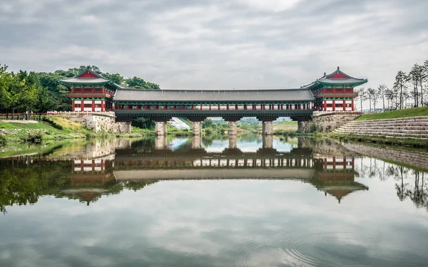 Woljeonggyo covered bridge scenic view and water reflection on c — ストック写真