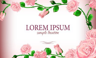 Metni kartı veya davetiye ile pembe gül buketi.