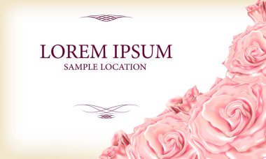 Metni kartı veya davetiye ile pembe gül buketi. 