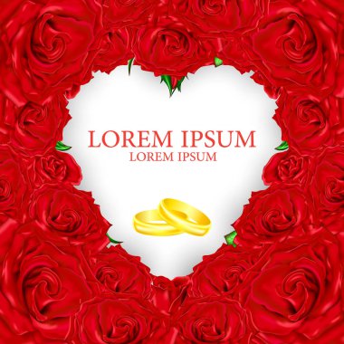 Metin ve alyans kalbinde kırmızı gül buketi.
