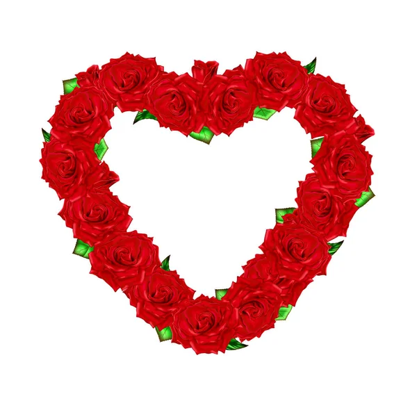 Rosas rojas con hojas dispuestas en forma de corazón — Vector de stock