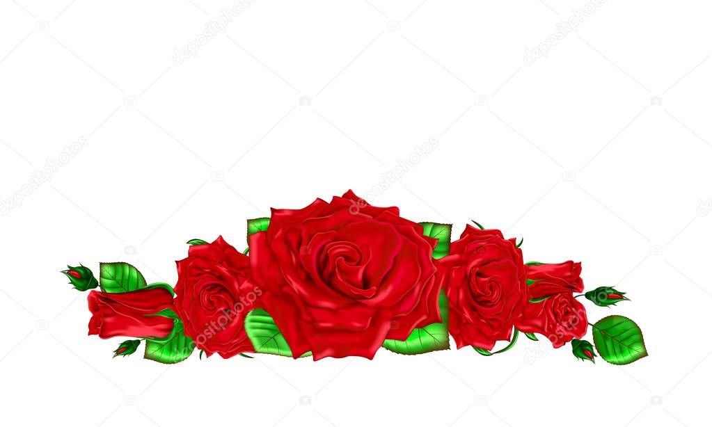 The bouquet of red roses with leaves and buds 