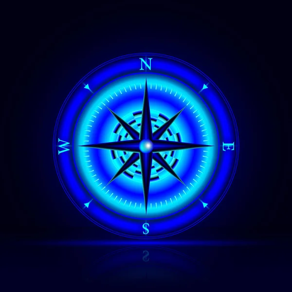 Светящийся компас с зеркальным отражением на синем фоне — стоковый вектор