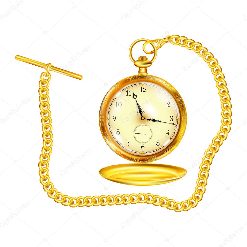 Gold antique pocket watch with lid and chain