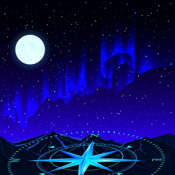 Een gloeiende blauwe kompas tegen de achtergrond van de sterrenhemel — Stockvector