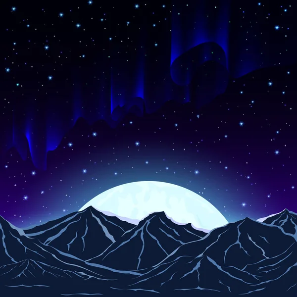 Noorderlicht, bergen en de maan — Stockvector