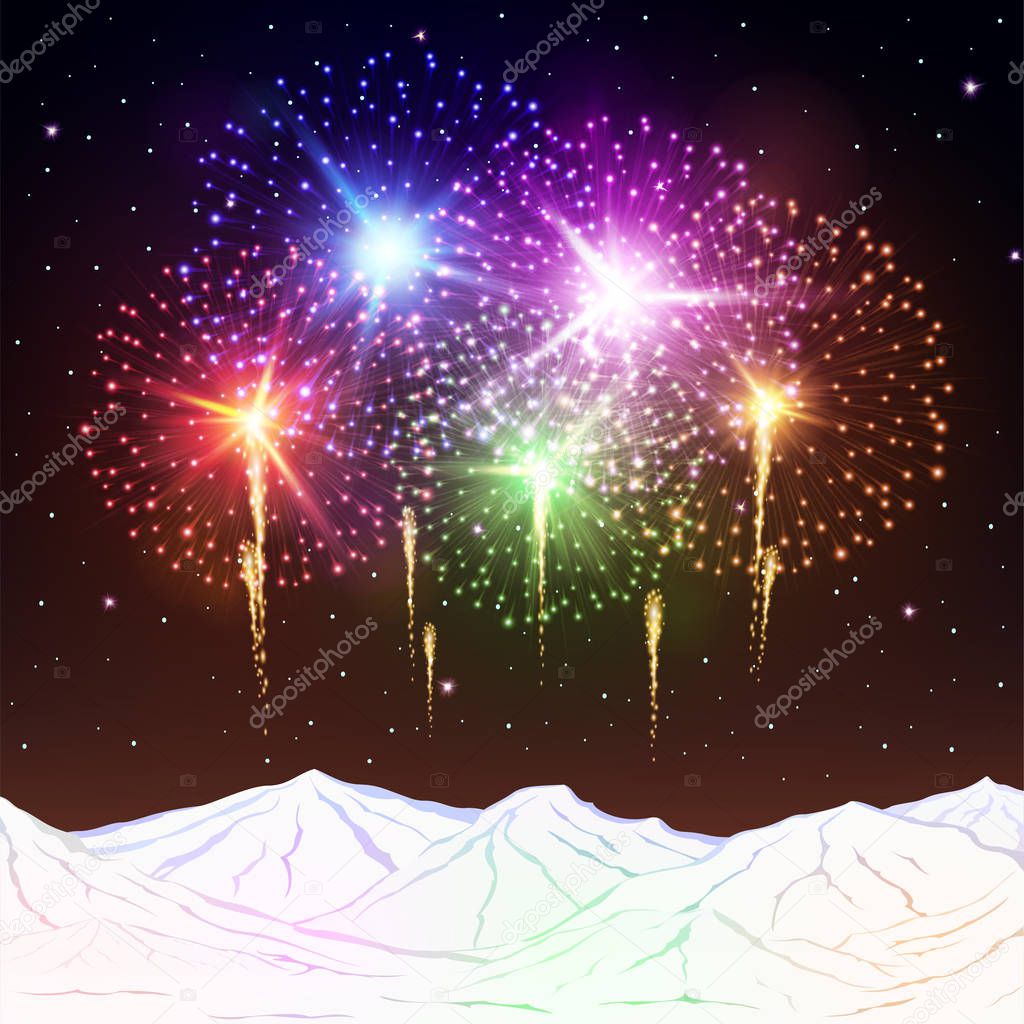 Festive fireworks and mountains .Vector.
