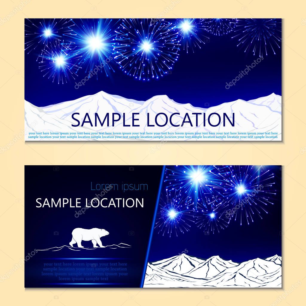 Festive fireworks, mountains and sample text layout .Vector.