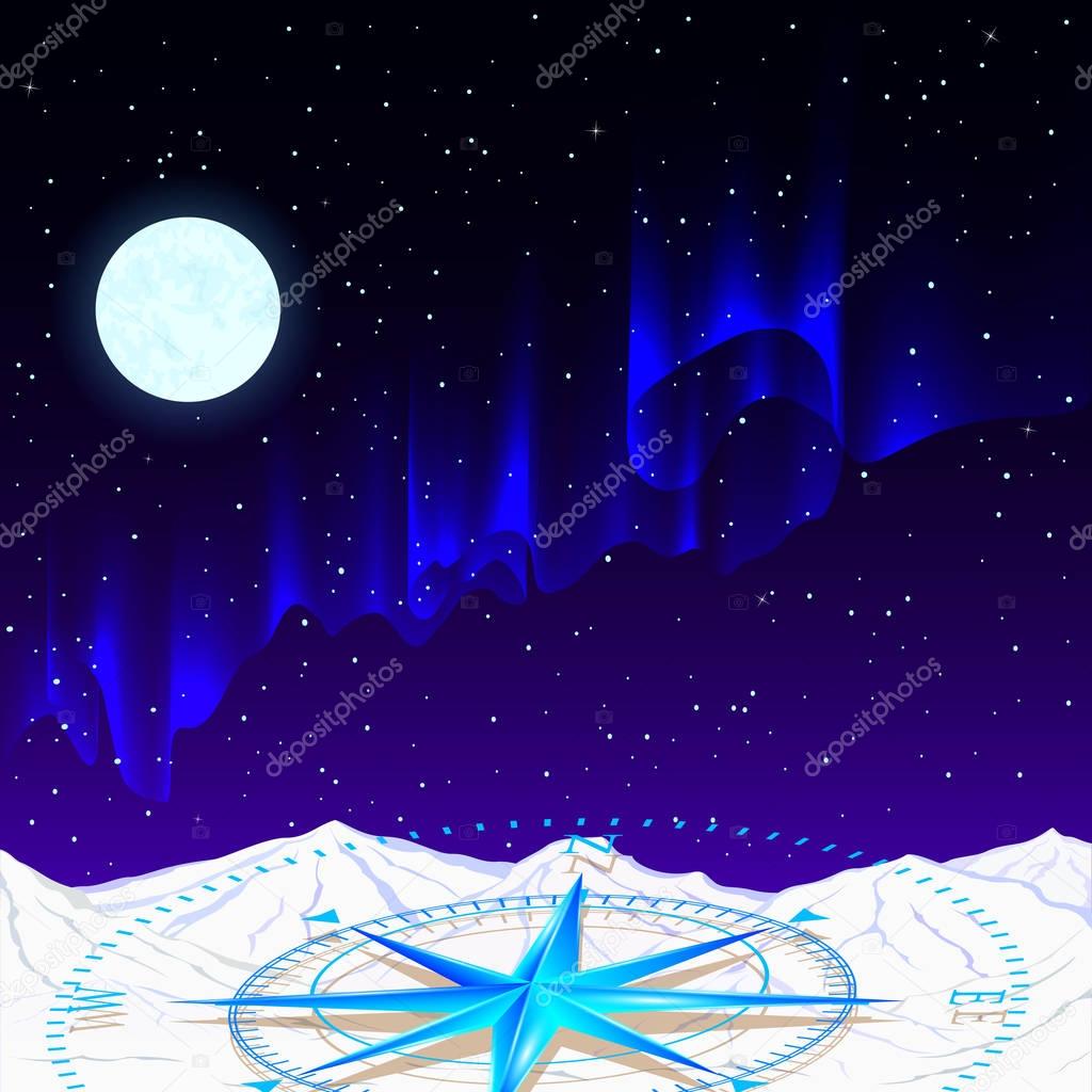 A glowing blue compass against the background of the starry sky