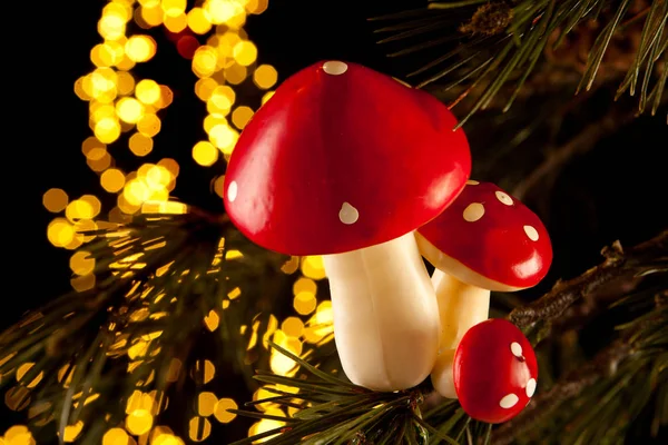 Christmas mushrooms and lights — Stock Photo, Image