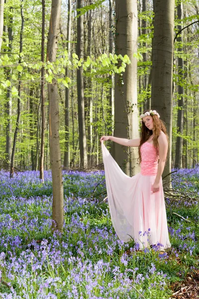 Pink fairy in bluebells forest