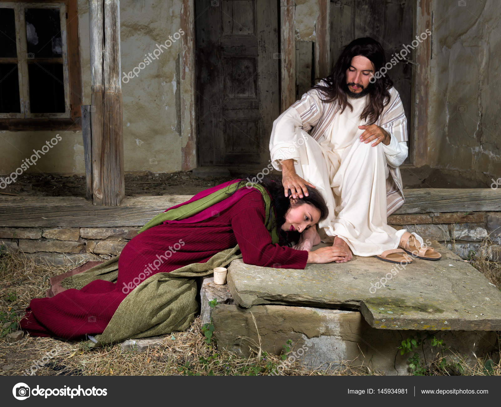 Mary Magdalene crying of shame and anointing Jesus' feet Stock Photo by  ©Klanneke 145934981