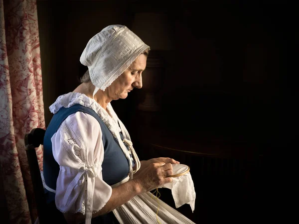 Dutch Master Style Portrait Woman Her Embroidery Work — Stock Photo, Image
