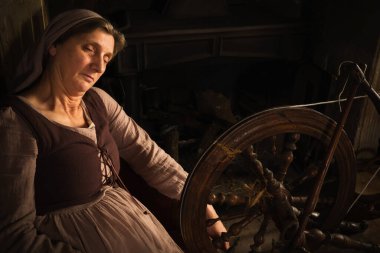 Rönesans, şöminenin önünde dönen antika tekerleği olan bir kadının eski usta portresi.