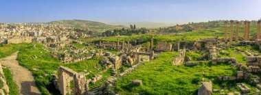 Gerasa, Jerash, Ürdün 'deki Roma sahasının manzarası. Eski şehrin kalıntıları, sütunları ve kalıntıları açıkça görülüyor. Baharda güneşli bir günde yeşil çimenler ve mavi gökyüzü. 