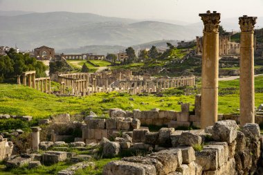 Ürdün 'ün Jerash kentinde bulunan tarihi Roma bölgesi Gerasa' nın sütunları ve Oval Plaza ile genel görünümü. Dağlar ve şehir uzak mesafede. Ürdün 'de Seyahat ve Turizm