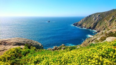 Cape Finisterre, Galiçya, İspanya, manzara ve okyanus manzarası. İspanya 'da Seyahat ve Turizm.