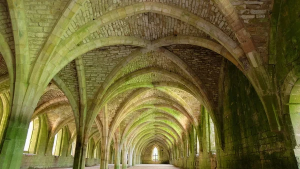 Cellarium in Fountains Abbey, een van de grootste en beste bewaard gebleven geruïneerde cisterciënzer kloosters in Engeland, vermeld als een Unesco World Heritage — Stockfoto