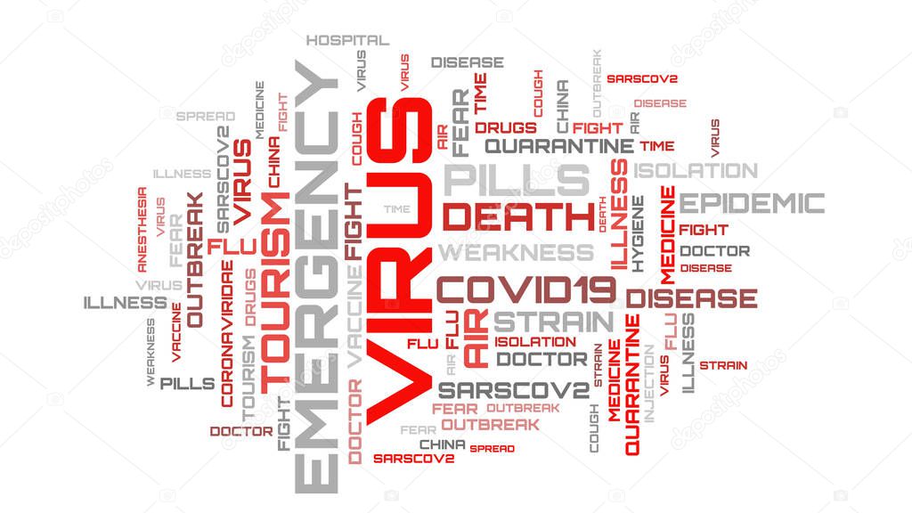 Virus COVID-19 topic red word collage on white background