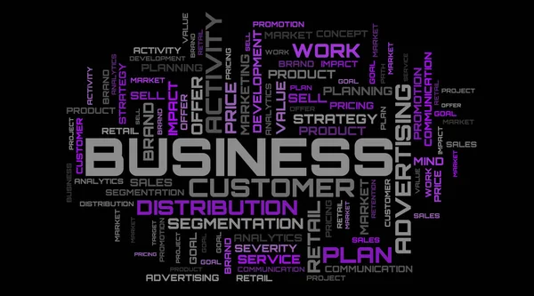 Abstract purple word collage on black background. Business word cloud art