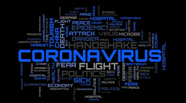 Modrý Coronavirus Moderní Slovo Mrak Černém Pozadí — Stock fotografie