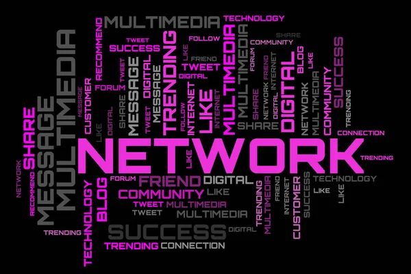 Network technology concept. Purple word cloud background