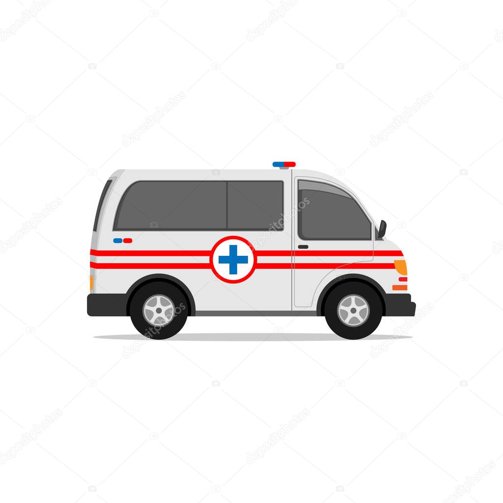 Ambulance flat design with two lines and sirens isolated white background