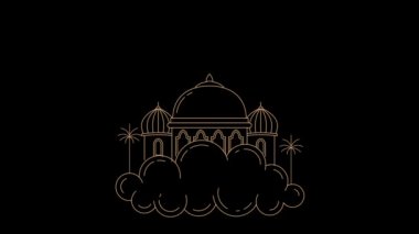 Çizgi tarzında animasyon cami binası. Bulutlardaki Ramazan ayını karşılama konsepti