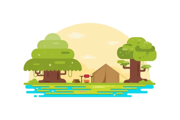 Ilustração Vetorial Camping Torno Colinas Lagos Com Conceito Design Estilo — Vetor de Stock