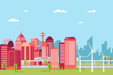 Şehrin ortasındaki akıllı şehir teknolojisinin ve akıllı trenin çizimi