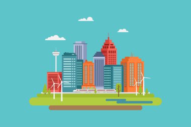 akıllı şehir düz tasarım modern gökdelenler ve eko enerji ve yüksek hareketlilik