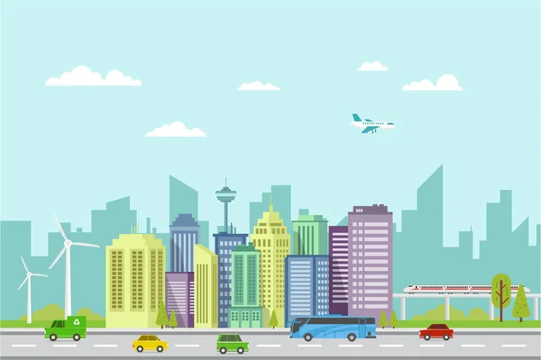 Inteligentne Miasto Przyszłości Inteligentny Transport Drapacze Chmur Projektowanie Ekoenergii Ilustracji — Wektor stockowy