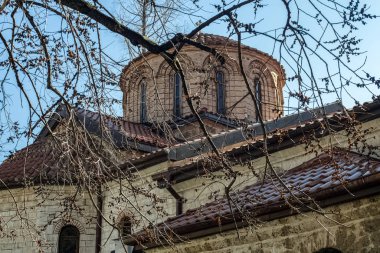 Bulgaristan 'ın en ikonik manastırlarından birinin (Bulgaristan' ın ikinci büyük manastırı) çatısında 1083 yılında kurulan harika bir kompozisyon. Ağacın dallarından bak. Bachkovo, Bulgaristan.