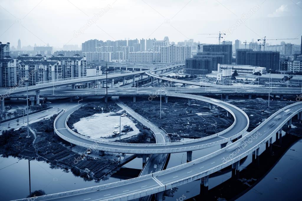 Modern urban viaduct at night