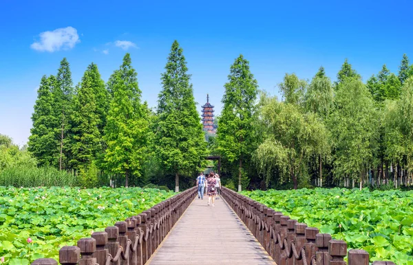Turyści idą do świątyni Jinshan — Zdjęcie stockowe