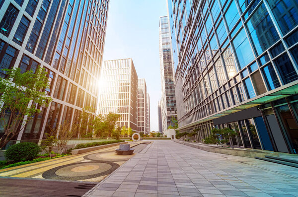 Park plants and modern architecture, Jinan Cityscape, China.