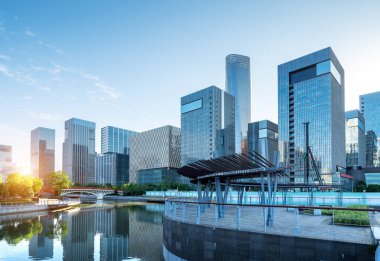 Finansal bölgedeki modern binalar, Çin 'in Ningbo kentsel manzarası..