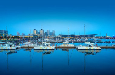 Qingdao Körfezi yat iskelesi ve şehir mimari manzarası.